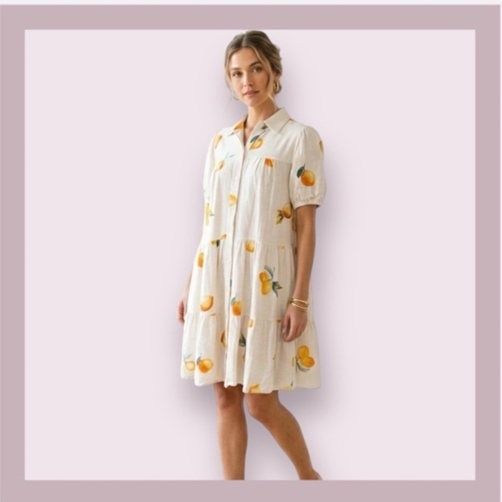 Jane + Delancey Lemon Print Linen Blend Tiered Shirt Dress Summer Cream M